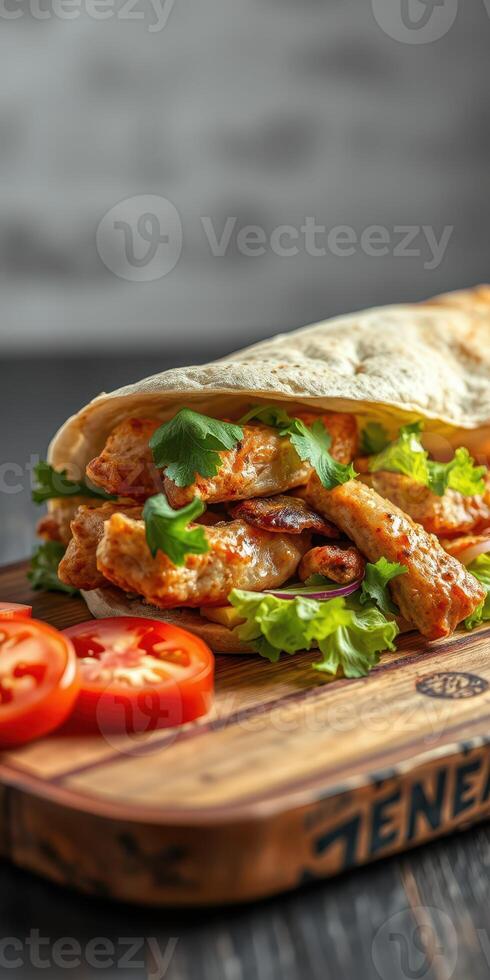 Freshly wrapped chicken wrap with vegetables and herbs ready to eat photo