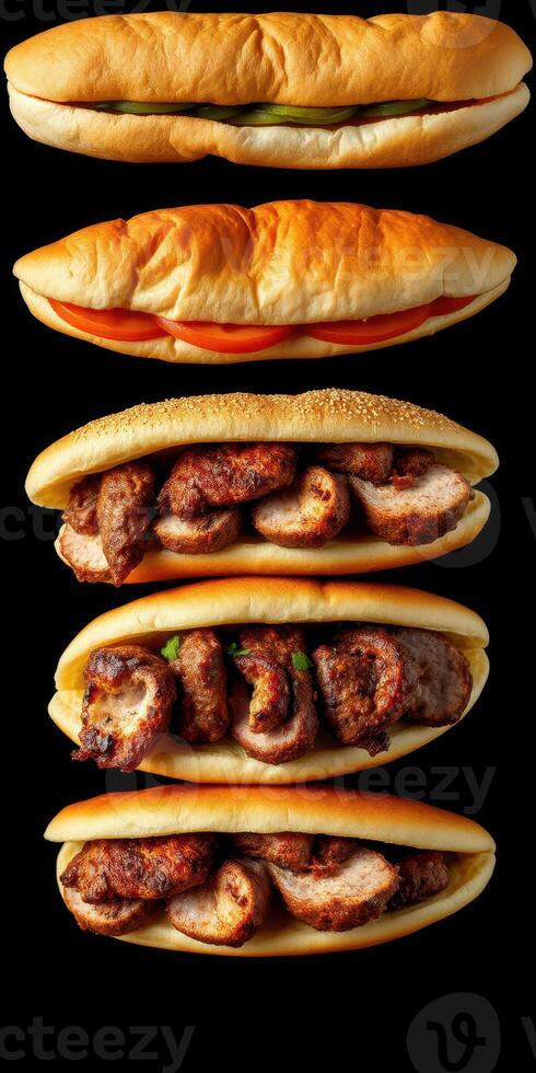 Different styles of grilled meat sandwiches arranged vertically on a black background photo