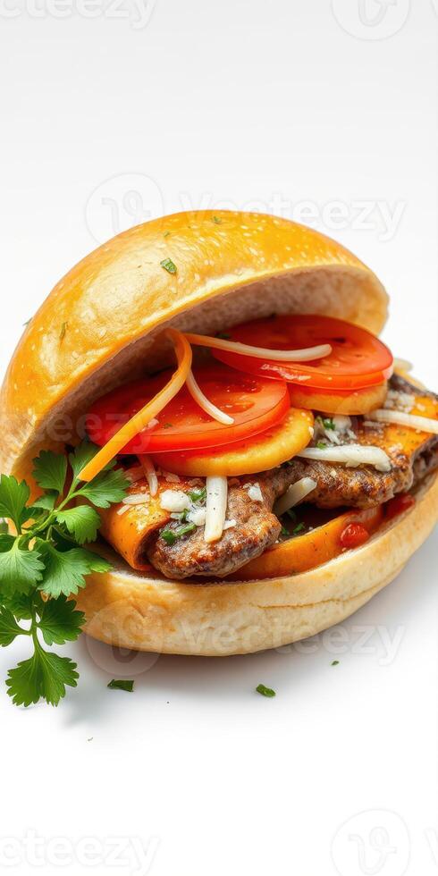 Tasty sandwich filled with grilled meat, fresh vegetables, and flavorful sauces on a soft bun photo