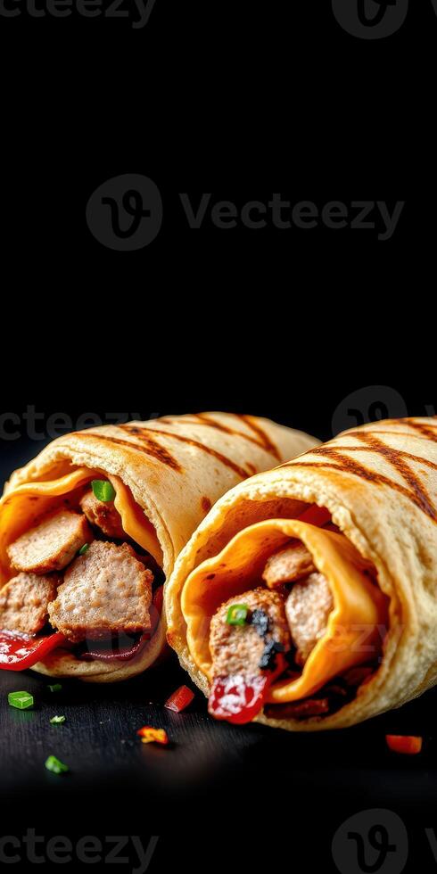 Delicious burritos filled with flavorful ingredients served on a dark background photo