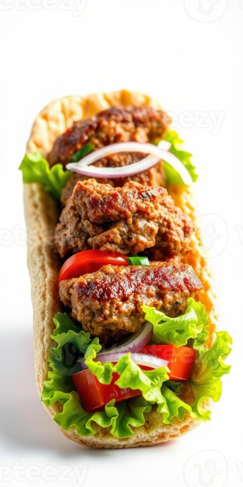 Delicious grilled meat skewers served in a fresh pita with vegetables and sauce photo