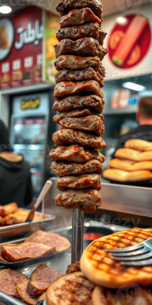 Deliciously stacked grilled meat at a bustling eatery showcasing fresh culinary delights photo