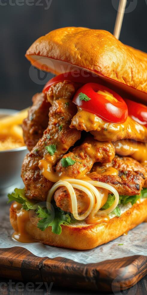Deliciously stacked sandwich filled with chicken, cheese, tomatoes, and noodles presented on a wooden board photo