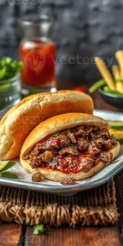Savory beef sandwich served on a plate with fresh herbs and sides at a rustic dining setting photo