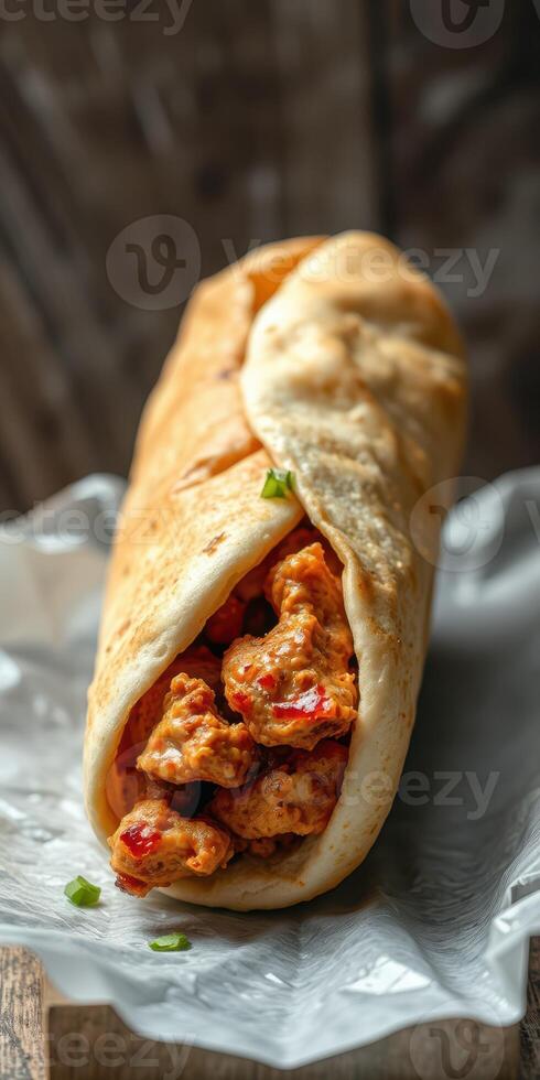 Delicious wrap filled with flavorful chicken on a rustic wooden background photo