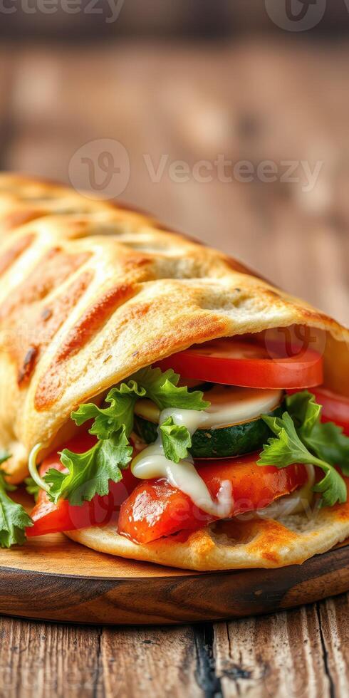 Freshly made vegetable wrap filled with tomatoes, cucumbers, and lettuce on a wooden serving board photo
