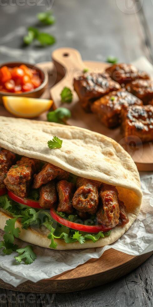 Delicious grilled meat wrapped in fresh flatbread with fresh vegetables and sauce on a rustic wooden table photo