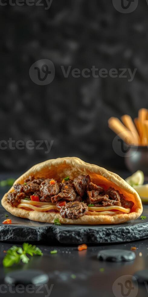 Delicious pita filled with savory meat, fresh vegetables, and flavorful sauce served on a black stone plate photo