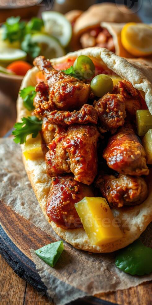 Savory chicken wrap filled with tender meat and fresh vegetables served on a wooden table photo