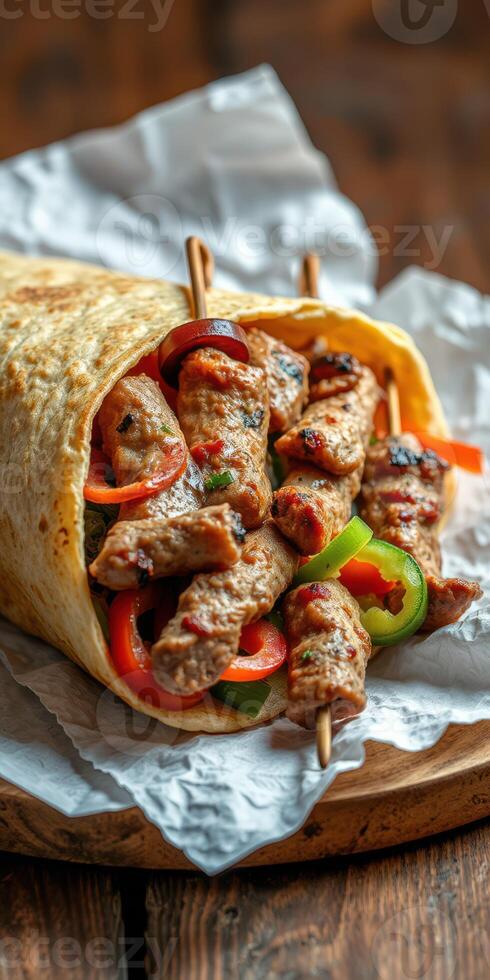 Grilled skewers wrapped in flatbread with colorful vegetables served on a rustic wooden board photo