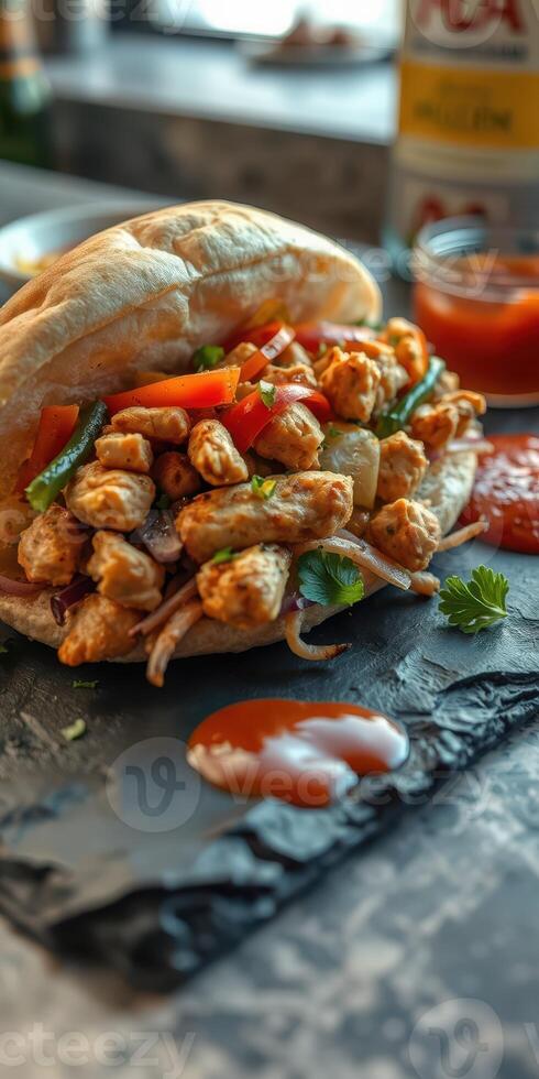 Delicious chicken wrap with fresh vegetables served on slate plate with sauce and ingredients in background photo