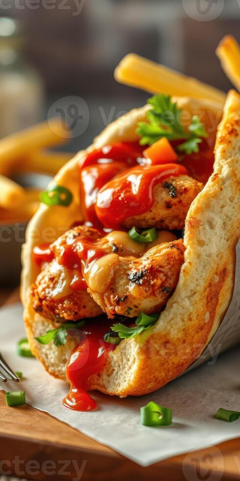 Delicious sandwich filled with crispy chicken, fresh toppings, and savory sauces served with fries photo