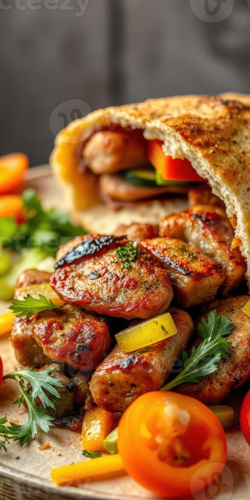 Grilled sausages served with fresh vegetables inside warm flatbread at a casual dining setup photo