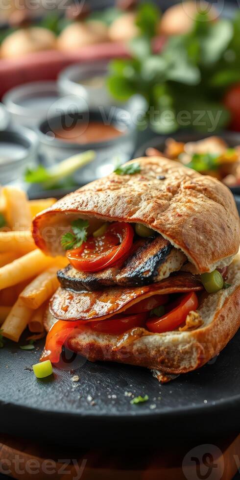 Delicious sandwich with grilled chicken, fresh vegetables, and crispy fries on a rustic table photo