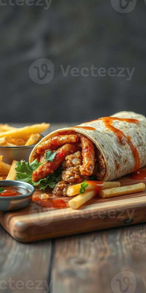 Spicy chicken burrito with fries served on a wooden board in a casual dining setting photo
