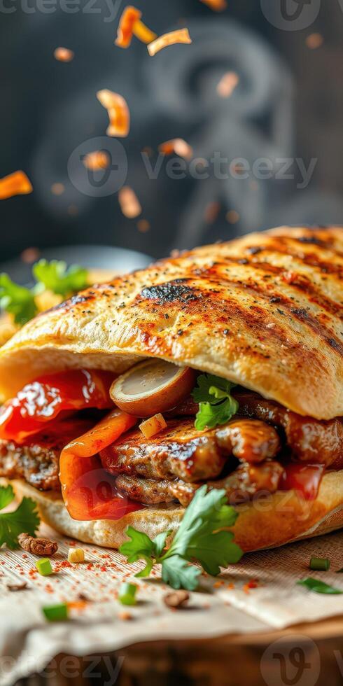 Savory grilled sandwich filled with marinated meat, fresh vegetables, and herbs served in a warm, toasted bun photo