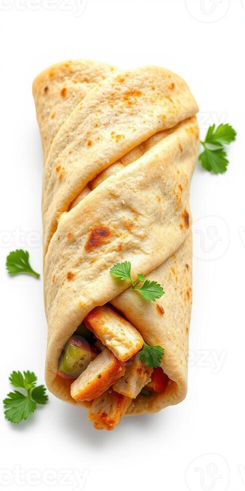 Freshly wrapped chicken burrito with vegetables and herbs served on a clean white background photo