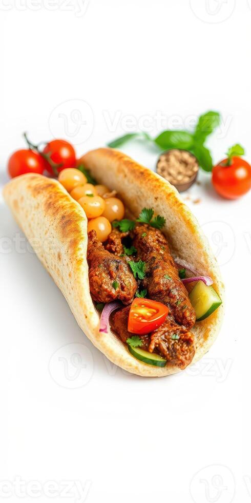 Delicious stuffed flatbread with spicy meatballs, fresh vegetables, and tangy sauce ready to be enjoyed photo