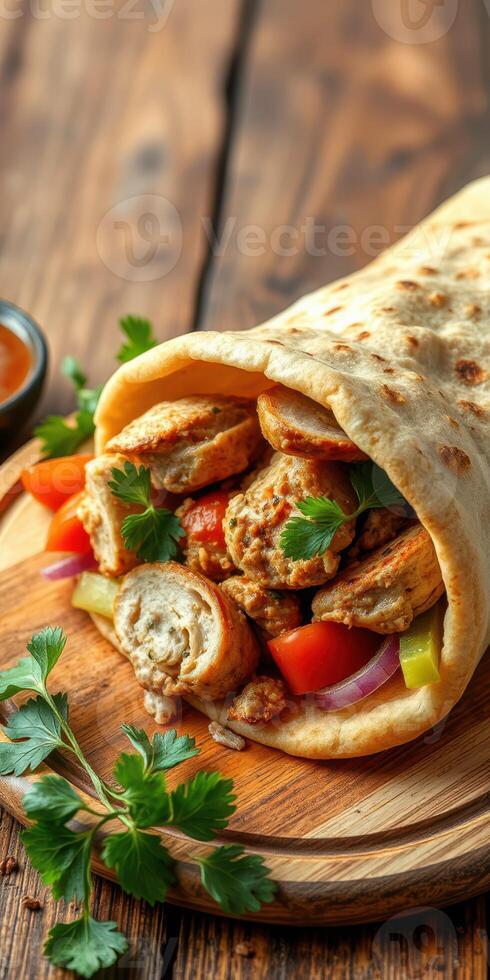 Delicious chicken wrap with fresh vegetables and herbs on a wooden board photo