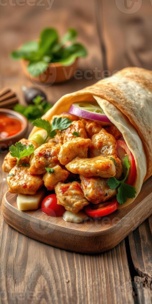 Delicious wrapped dish with tender chicken, fresh vegetables, and flavorful sauce resting on a wooden board photo