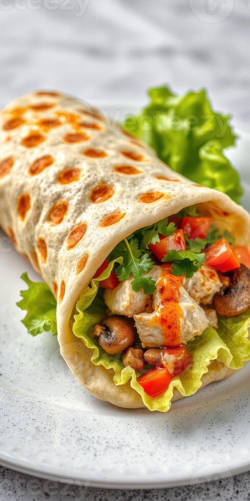 Freshly made wrap filled with chicken, vegetables, and sauce served on a plate photo