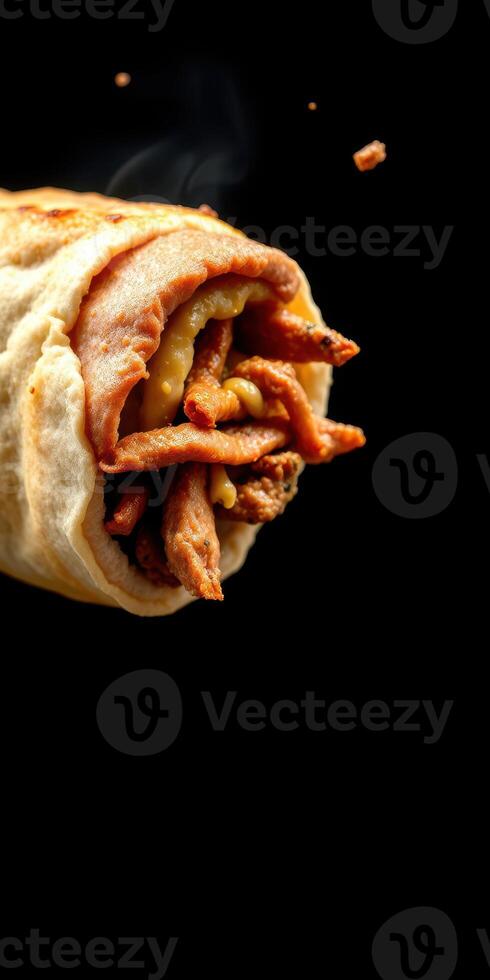 Delicious wrap filled with grilled meat and savory toppings served against a dark background photo