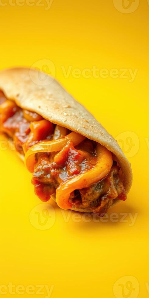 Tasty soft taco filled with seasoned meat and fresh toppings on a vibrant yellow background photo