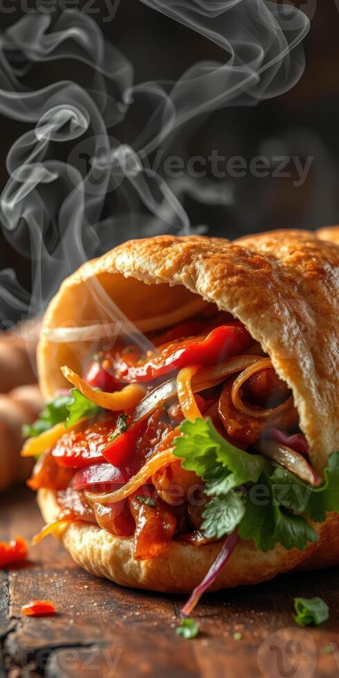 Delicious spicy wrap filled with fresh ingredients and garnished with herbs steaming hot photo