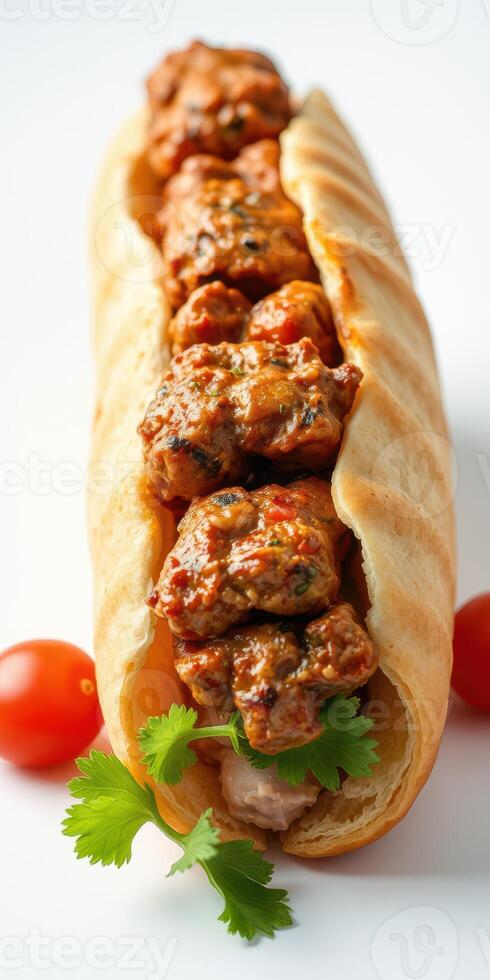 Deliciously prepared meat sandwich with fresh vegetables and spices served on a white background photo