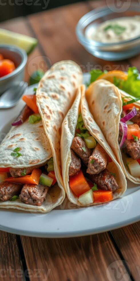 Delicious beef tacos served with fresh vegetables in a cozy setting at a vibrant restaurant photo