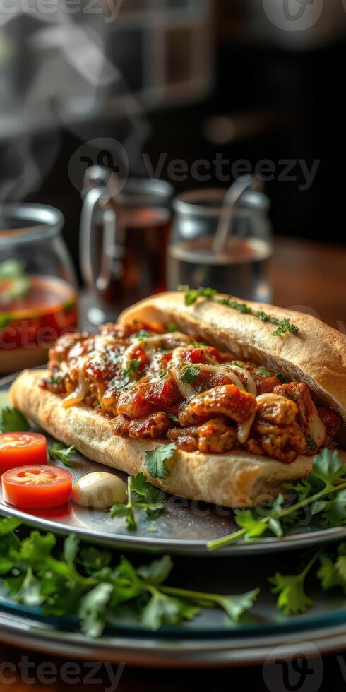 Savory sandwich topped with flavorful ingredients served on a plate with garnishes at a cozy restaurant setting photo