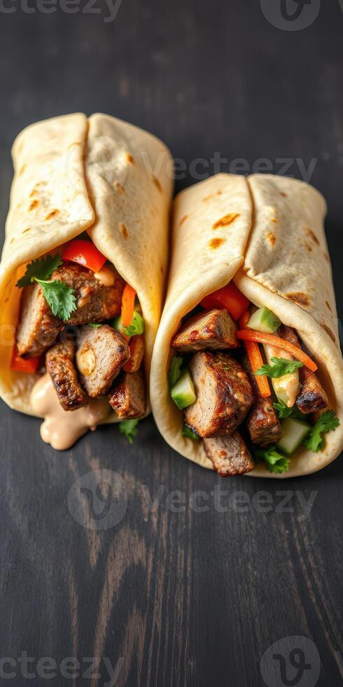 Freshly made grilled chicken wraps with colorful vegetables and sauce served on a wooden table photo