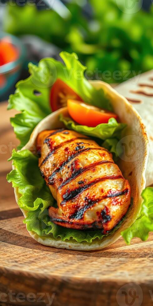 Grilled chicken wrap with fresh vegetables served on a wooden cutting board in a vibrant kitchen setting photo