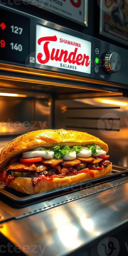 Delicious shawarma sandwich being grilled in an oven at Sunder Balakes restaurant during lunchtime photo