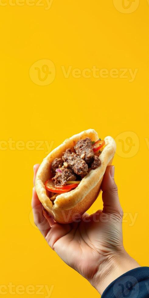 Delicious meat-filled bun held by hand against bright yellow background showcasing a tasty street food option photo
