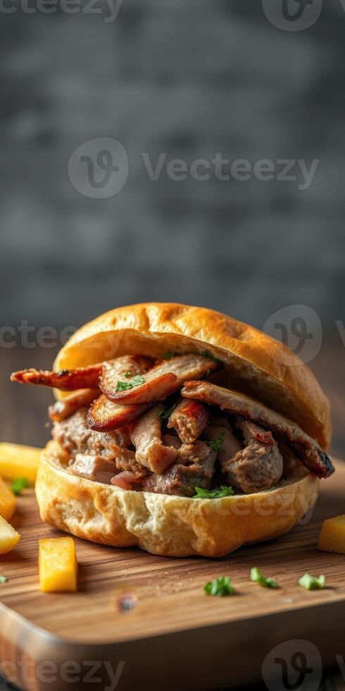 Delicious pork sandwich with crispy bacon and fresh herbs served with side fries on a wooden board photo