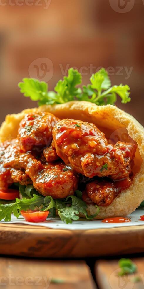 Delicious spicy chicken served in a warm pita with fresh greens and sauce photo