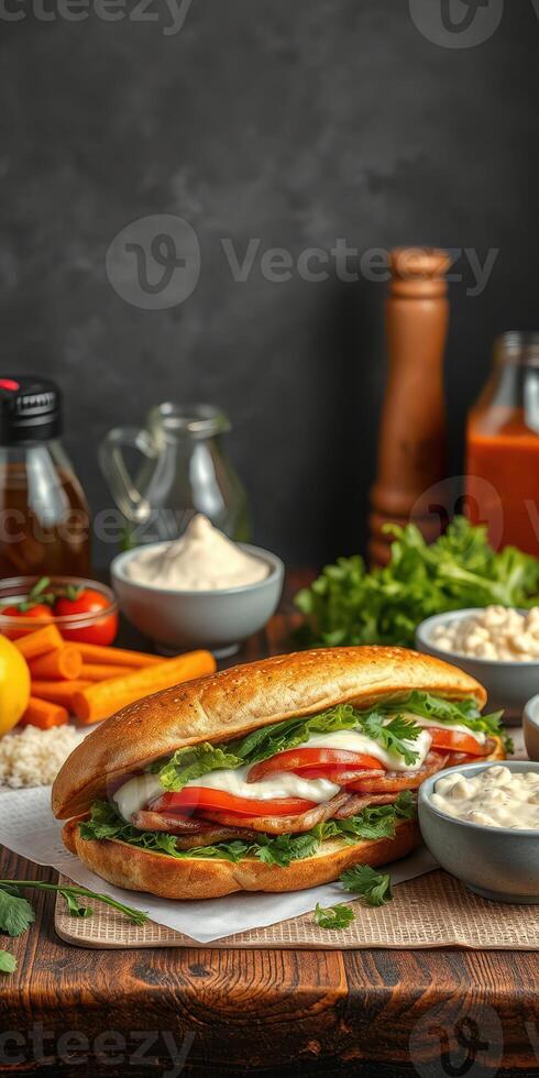 Freshly made sandwich with vegetables and sauces on a wooden board surrounded by ingredients in a rustic kitchen photo