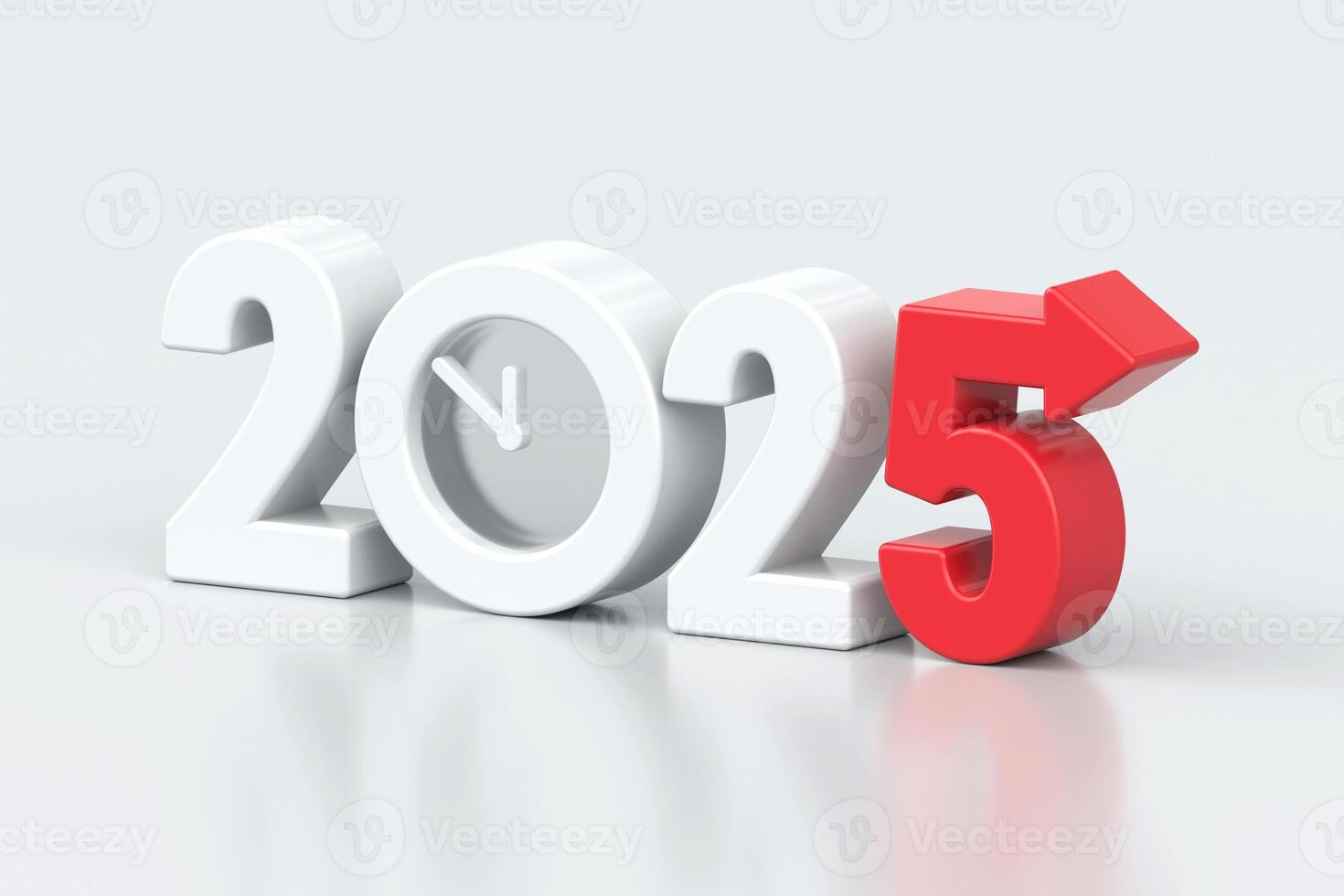 2025 New Year concept with clock inside zero and red arrow pointing forward, symbolizing time and progress, 3d rendering photo