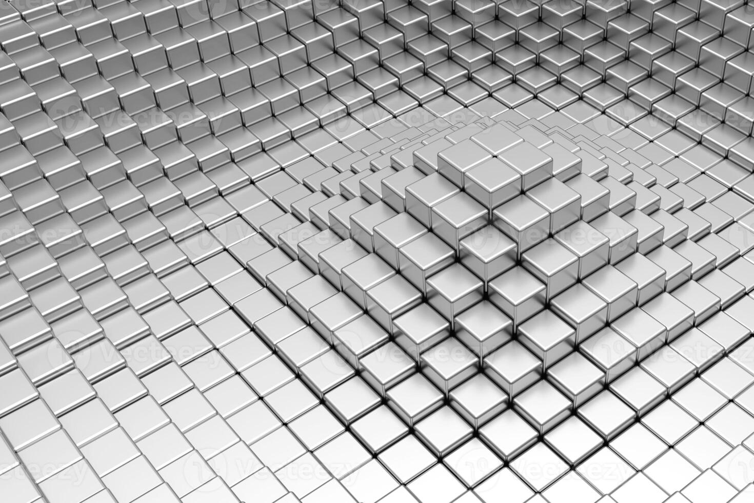 Silver Cubes Pyramid, Abstract of a pyramid structure composed of numerous silver cubes, creating captivating visual texture and depth, 3d rendering photo