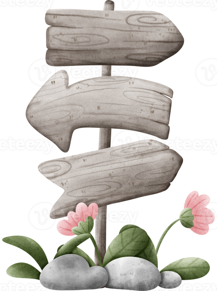 A wooden signpost with three arrows pointing in different directions stands in a field. The signpost is surrounded by pink flowers, green leaves, and gray stones. png