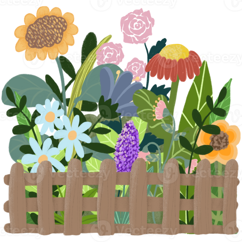 A colorful garden filled with various flowers, such as sunflowers, roses, and daisies, is enclosed by a wooden fence. png