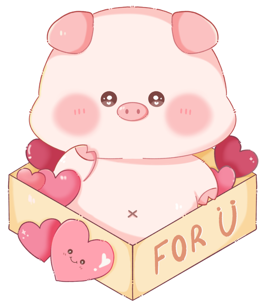 Cute Chubby Pig in a Box of Hearts with For U Message png