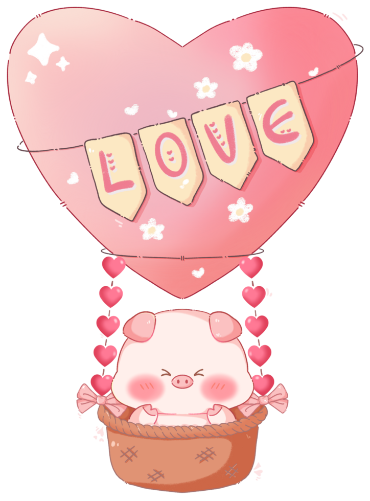 Cute Chubby Pig in a Heart-Shaped Hot Air Balloon with Love Banner png