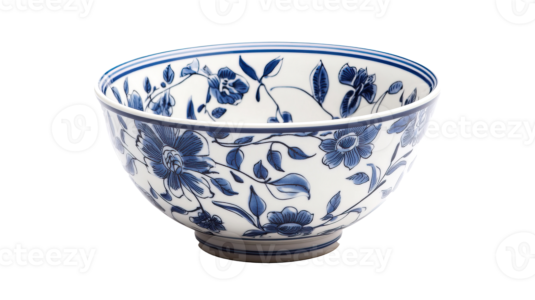 A blue and white bowl with floral designs png