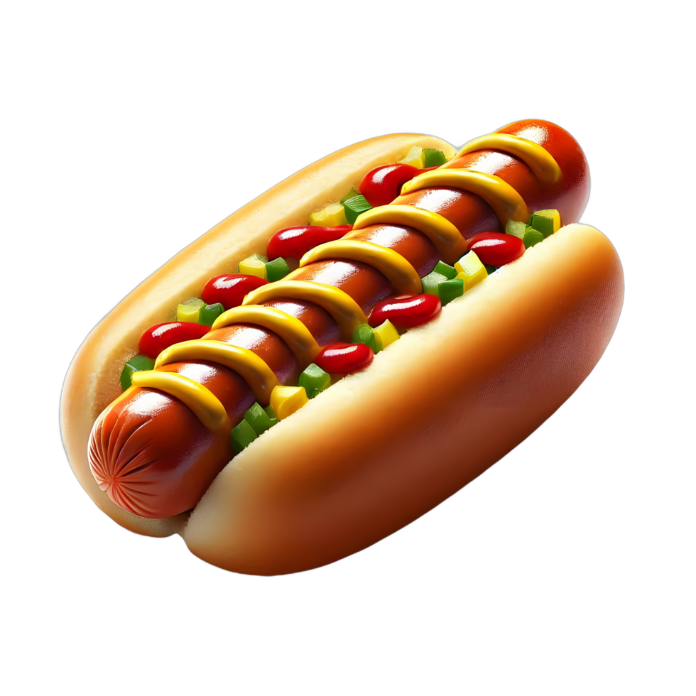 A plump hotdog paired with crisp vegetables like lettuce and jalapenos, topped with tangy mustard and a spicy sriracha drizzle. png