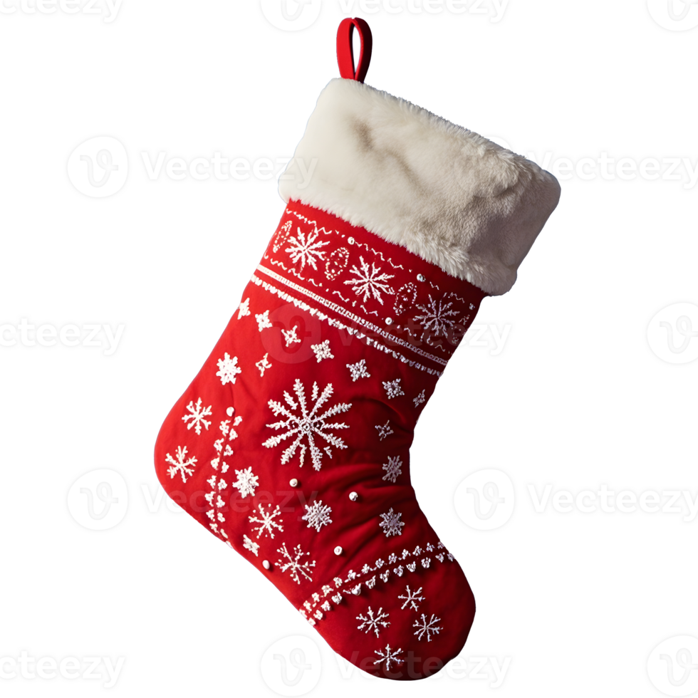 Bright red with intricate ornament designs, this Christmas sock is a must-have for decorating your mantel in style. png