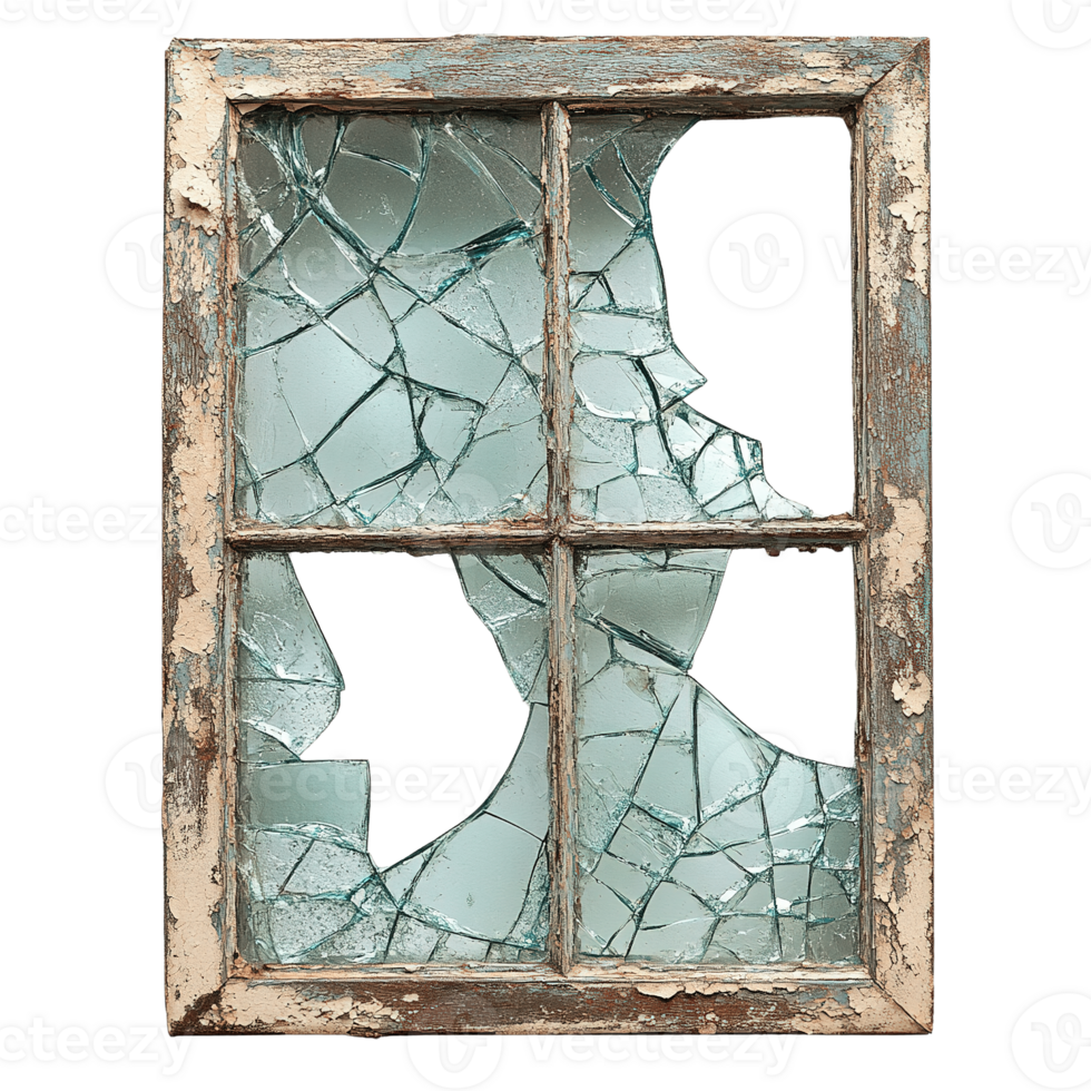 Rustic Window Frame with Broken Glass Panes and Peeling Paint png