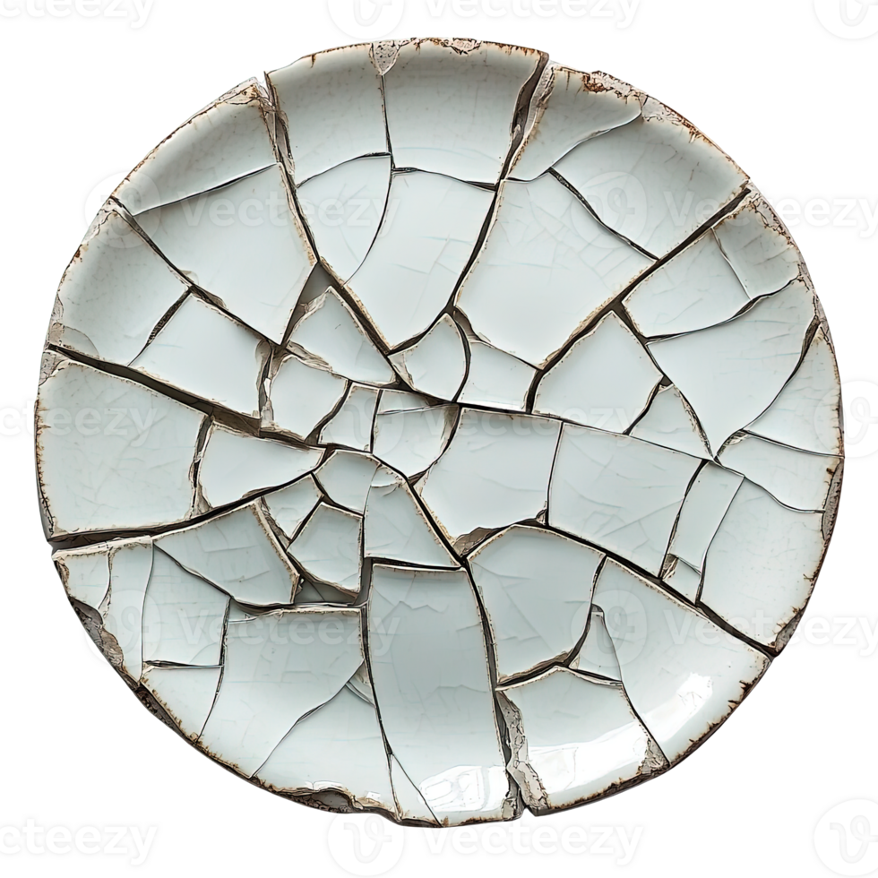 Broken White Plate with Central Cracks and Distressed Brown Edges on Transparent Background png