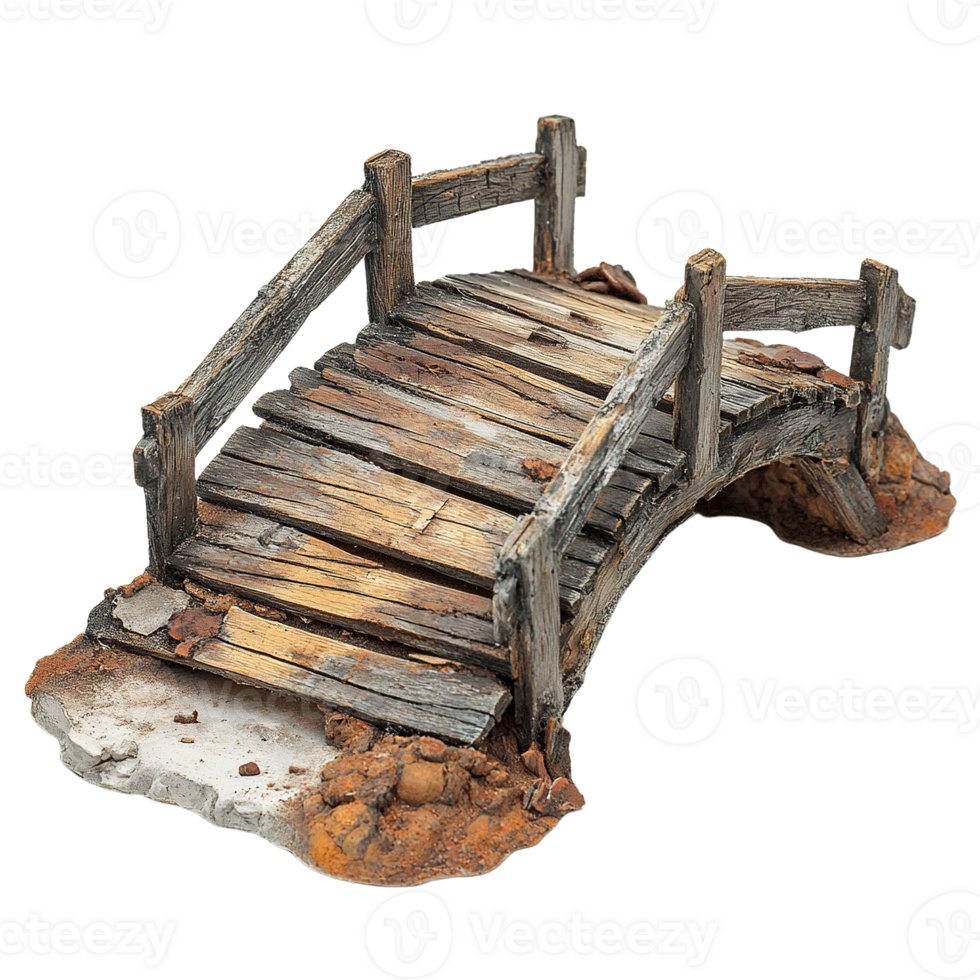 Weathered Wooden Footbridge with Worn Planks and Simple Railings on Transparent Background png